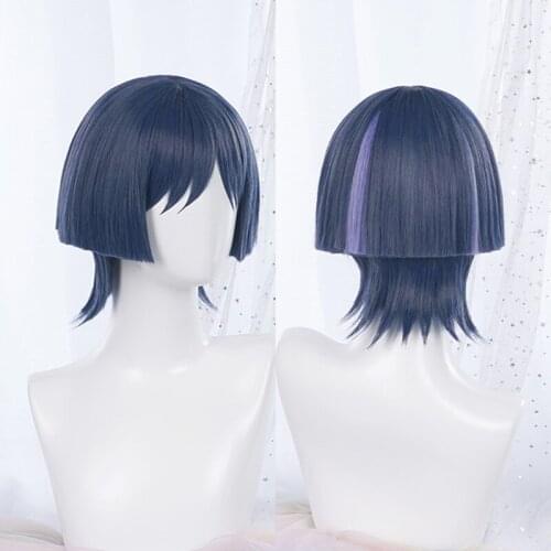 Genshin Impact Cosplay Wigs Scaramouche 30cm Blue Purple Black Heat Resistant Synthetic Hair Anime Cosplay Wigs + Wig Cap