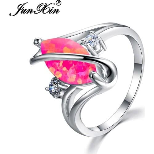 JUNXIN New Fashion Charming Horse Eye Pink Fire Opal Ring Unique S Shape White Gold Filled Zircon Wedding Rings For Women Gifts
