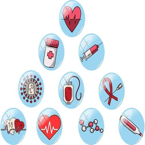 JWEIJIAO Blue Medical Tools Handmade Oval Glass Cabochon Beads Flatback Dome Jewelry Finding Pendant Base 10pcs/lot MD114