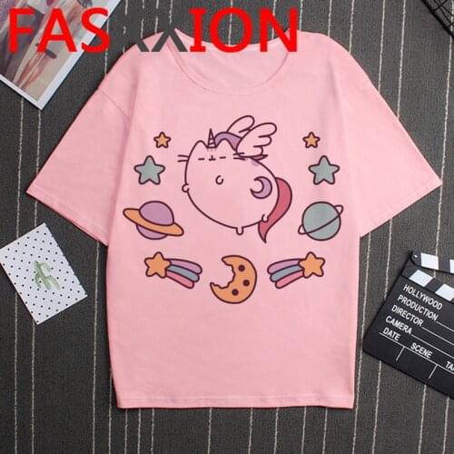Kawaii Pusheen Cat T Shirt Women Ulzzang Hip Hop Plus Size T-shirt Funny Cat Graphic Tees Unisex Summer Top Korean Style Female