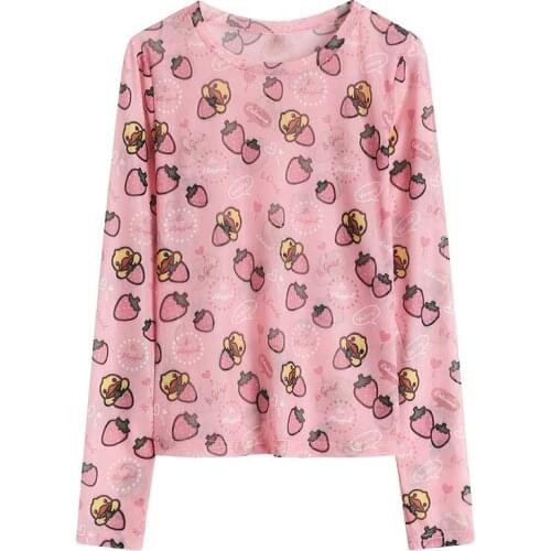 Strawberry Yellow Duck Long-Sleeved Bottoming Shirts Women 2021 New Spring Summer Mesh Sweet Sunscreen Blouse