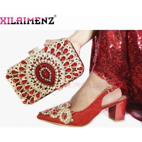Red High Quality Woman Luxury Crystal Shoes And Purse Set For Party Italian Rhinestone High Heels Wedding Shoes And Bag Set
