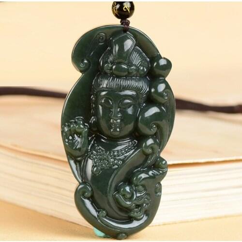 Natural Green Jade Pendant Larger Size Bodhisattva Guanyin Figure Pendant Necklace Men Fine Jewelry Free rope
