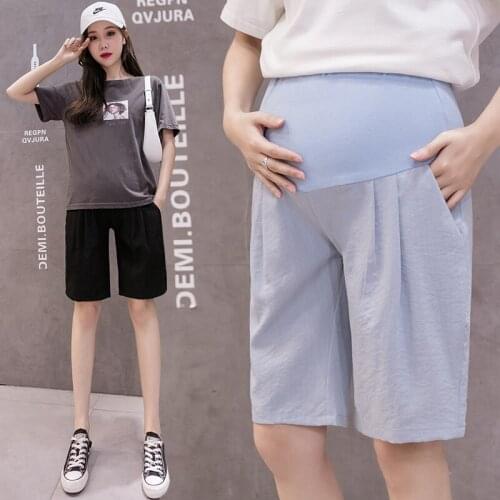 Maternity Summer Shorts High Waitst Pants for Pregnancy Elastic Waist Short Cotton Linen Shorts with Pocket Maternity Clothes