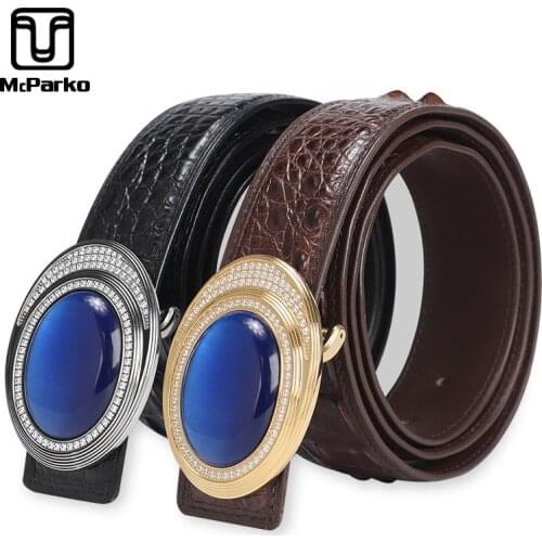 McParko Genuine Leather Crocodile Belt Luxury Men Belt Stone Stainless Steel Design Waist Belt Real Alligator Skin Srtaps Male