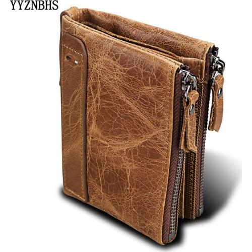 Genuine Leather Men Wallets Short Credit Business Card Holders Double Zipper Cowhide Leather Women Wallet Purse Coin Purse Money