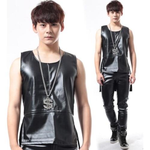 2020 summer style personality slim male sleeveless tuxedo leather vest men punk rock singer dance stage star fashion black