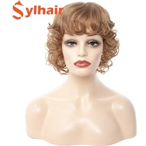Short Brown Wig Synthetic Wigs with Bangs for Women Beach Blond Water Wave Natural Wigs Heat Resistant False Hair Sylhair