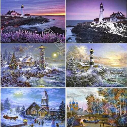 Lighthouse landscape diamond embroidery winter snow 5d diamond mosaic diamond painting full square,rhinestones Christmas FG1887