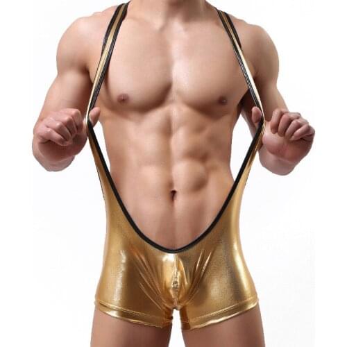 Sexy Men Undershirt PU Leather Wrestling Singlet Boxer Shorts Jumpsuit Suspender Teddies Underwear Male One-Piece Bodysuits