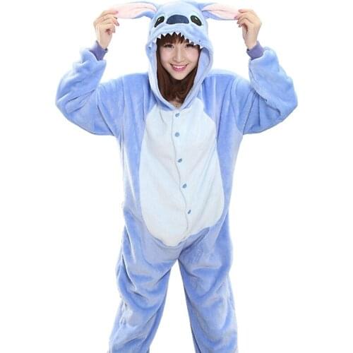 Blue Pink Stitch Pajama Set Women Men Unisex Adult Animal Pijama Flannel Onesie Sleepwear Hoodie Halloween Cosplay Costume