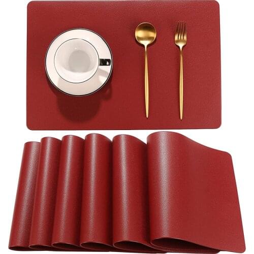 Placemats PU Leather Heat Resistant Washable for Dining Table Mats Set of 6 Non-Slip Stain Family Kitchen Tableware Red Black