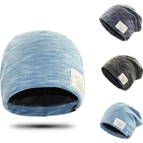 Hip Hop Cap Winter Solid Color Beanie ROCK Patch Fleece Lining Casual Men Hat Beanie Hat Caps for Men