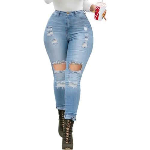 Vintage Light Blue Hole Ripped Jeans for Women Mom Cotton Denim Slim Skinny Pants Plus Size 3XL Boyfriend Cowboy Denim Trousers