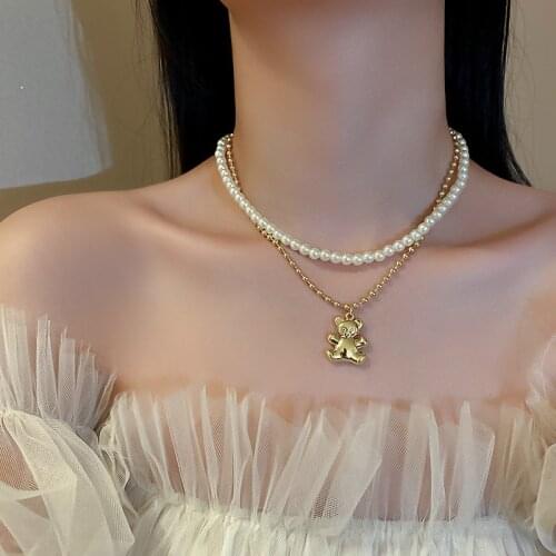 Bear Pendant Pearl Necklace Lovely Elegant Pearl Chains Necklace Strand Temperament Cute Bear Pendant Necklaces