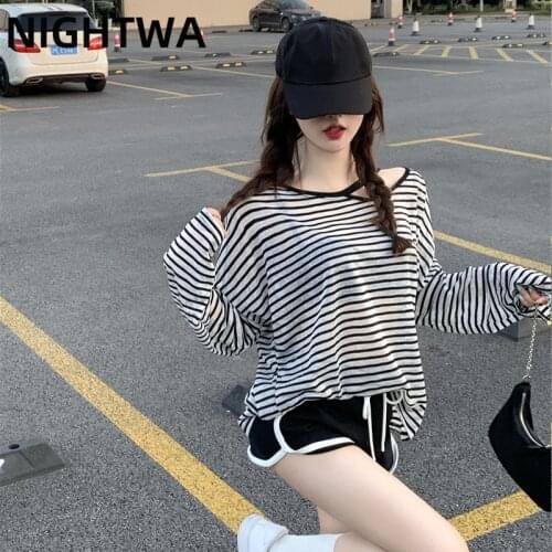 NIGHTWA Spring Summer Women Harajuku Striped Tee Long Sleeve O-Neck Hollow Out T-Shirt Korean Casual Oversized Black White Tops