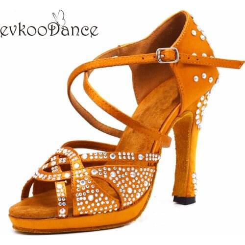 Evkoodance Size US 4-12 Dance Shoes For Women Heel Height 10cm Zapatos De Baile brown with rhinestone Professional Evkoo-561