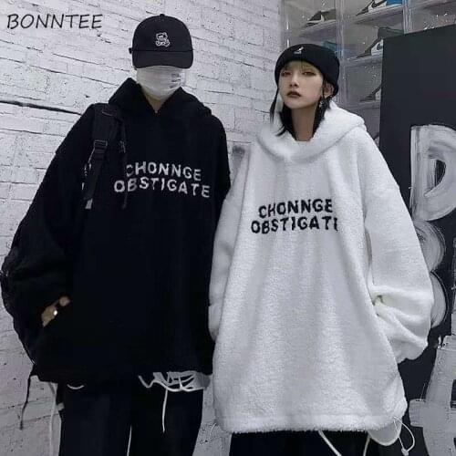 Sweatshirts Women Long Sleeve Comfortable Couple Thicker Plus Velvet All-match Simple Cute Ulzzang Warm Hooded Oversized Print