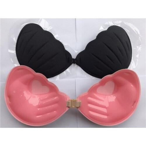 Women Self Adhesive Strapless Bandage Blackless Shell Bra Stick Gel Silicone Push Up Invisible Bra with 2 Clear Straps