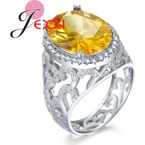 Classic Oval Design Yellow CZ Crystal Rings 925 Sterling Silver Finger Jewelry for Women Christmas Party