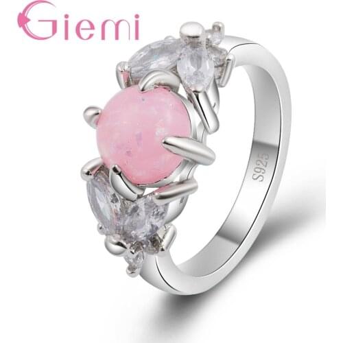 High Quality 925 Sterling Silver Geometric Ring With Sweet Pink Round Opal Clear CZ Women Girls Engagement Jewelry