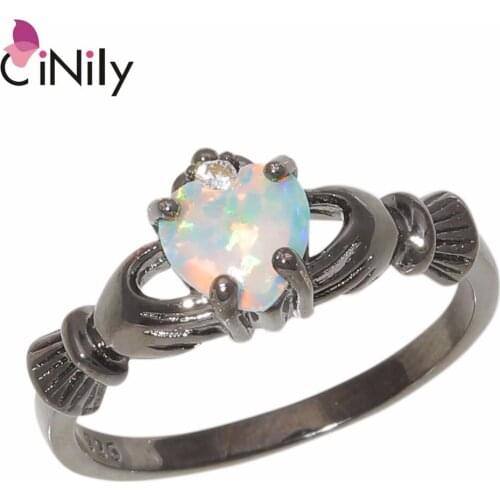 CiNily Black Gold Color Created White Blue Fire Opal Cubic Zirconia Wholesale Heart for Women Jewelry Ring Size 8 OJ9392-93