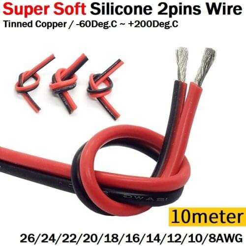 10M Copper Wire 8 10 12 14 16 18 20 22 24 AWG 2Pins Super Soft Silicone Rubber Flexible Cable DIY LED Lamp Connector Black Red