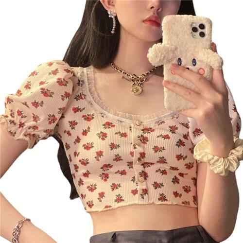 2021 Fashion Trend Women Summer Floral Square Neck Short Puff Sleeves Button-Open Crop Tops T-shirts Tees with Lace Trim