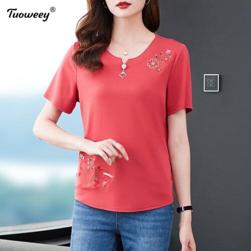 2021 New Summer Middle Aaged Women Korean pullover O-Neck tshirts Tops Female Flower Print Fashion Loose Plus Size 4xl Shirt