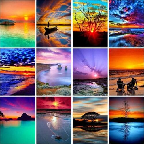 Diamond Painting Full Drill Square/Round Landscape 5D DIY Diamond Embroidery Seaside Sunset Picture of Rhinestone Sunrise