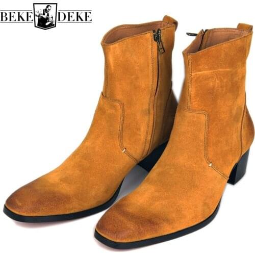 Plus Size Winter Men Real Suede Leather Combat Boot Med Heels Cowboy Riding Boots Office Man Safety Shoes Motorcycle Biker Boots