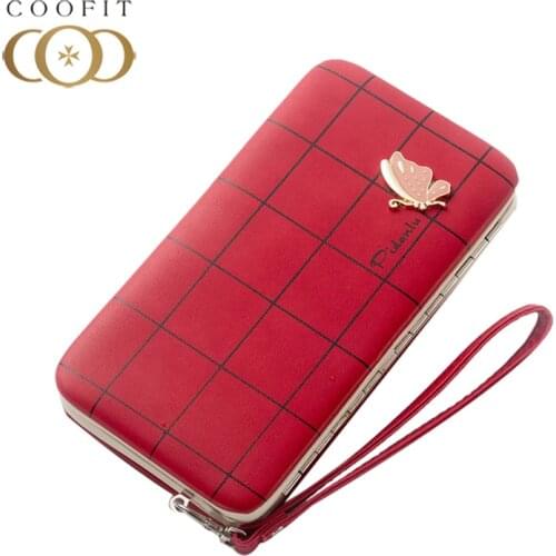 Coofit Womens Clutch Purse Multi-Pockets Card Wallet Phone Wallet With Wrist Strap Fashion Lattice Pattern Coin Purse For Lady