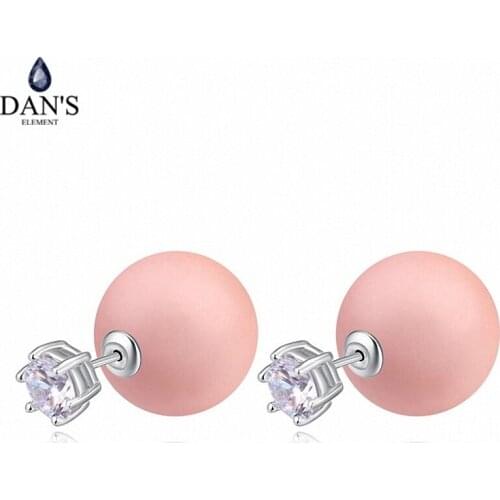 DANS ELEMENT Big Brand AAA Zirconia White Gold Color Simulated Pearl Fashion Ball Stud Earrings For Women Gift 113757Pink