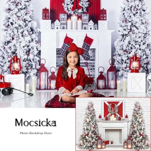 Christmas Room Fireplace Backdrop White Brick Wall Photography Xmas Tree Decor Baby Portrait Photo Props Studio Booth Background