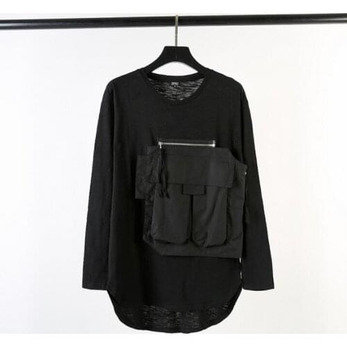 Free shipping new Men Autumn chest multi-pocket long-sleeved T-shirt tide long coat personality street loose stretch male tshirt