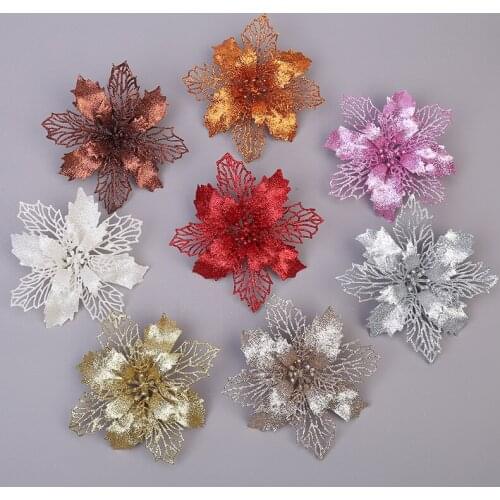 6/12pcs Artificial Christmas Flowers Glitter Poinsettia Fake Flower Merry Christmas Tree Decorations for Home Xmas Ornaments