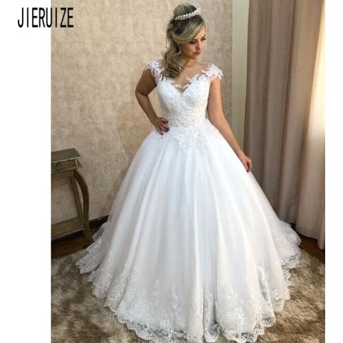 JIERUIZE Newest Ball Gown Wedding Dresses with Beaded Princess Jewel Neck Cap Sleeves Lace Applique Bridal Gowns Bride Dresses