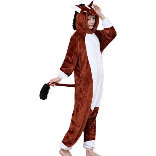 Adult Unisex Women Onesie Wholesale Animal Kigurumi Pajamas Brown Horse Onesies Hooded Jumpsuit Sleepwear Winter Flannel Pajamas