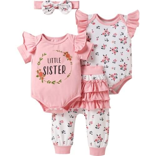 4 Pcs Newborn Color Block Outfits, Baby Girls Floral Fly Sleeve Round Neck Rompers + Ruffle Pants + Bowknot Headband