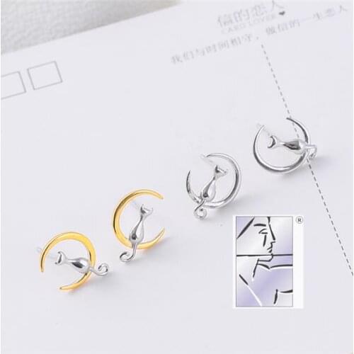 Fashion 925 Sterling Silver Women Jewelry Moon Cat Earrings Female Temperament Simple Personality Jewelry