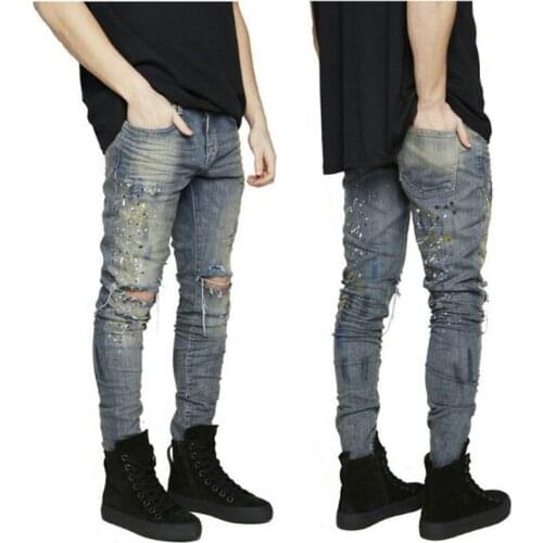 2017 Fashion New Mens Knee Big Hole Elastic Self-cultivation Small Feet Jeans Ink Red Mens Jeans