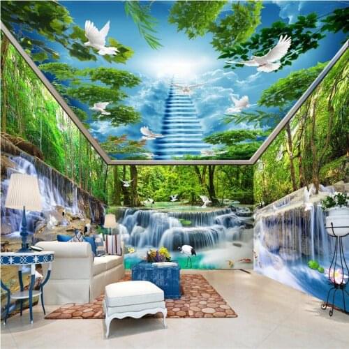 Beibehang Waterfall water forest crane whole house background wall paper painting Custom 3d mural wallpaper living room backdrop