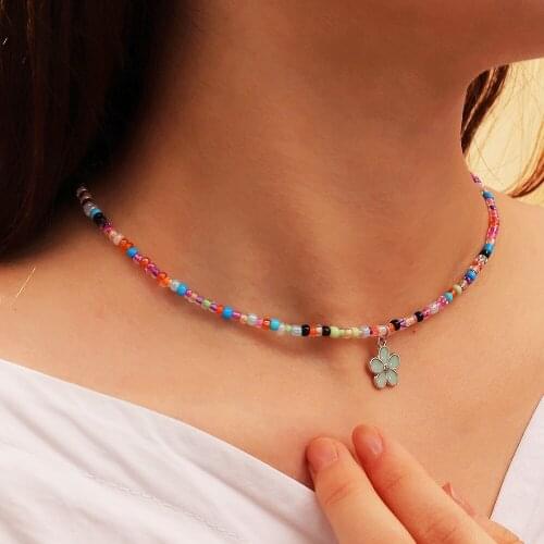 Small Beads Cute Flower Charm Necklace for Women Girls Fashion Bohemia Beaded Chain On The Neck Handmade Jewelry New Design 2021