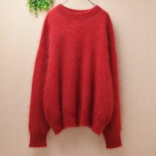 Knitwear inside autumn winter thick warm hairy angora rabbit hair knitted long sleeves loose oversized pullover jumper sweater