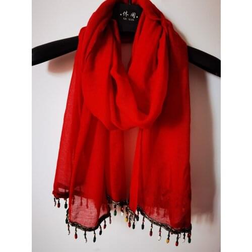 2021 Fashion Plain Color Cotton Viscose Ribbon Wooden beads Tassel Scarf Shawls Wraps Hijabs 10pcs/lot