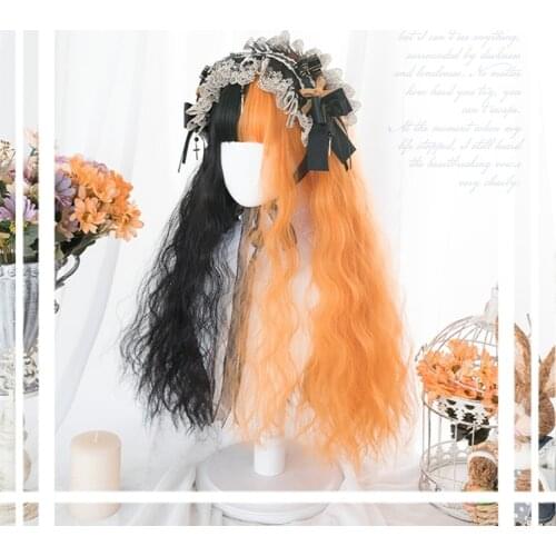 Harajuku Mixed Black Orange Lolita Wig Horns Short Long Straight Curly Synthetic Hair Fringe Bangs Adult Girls Halloween Evil