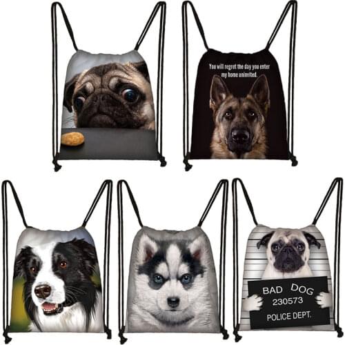 Pug / Husky / German Shepherd Drawstring Bag Boy Girl Portable Backpack 3D Printing Cute Dog And Woman Travel Storage Bag