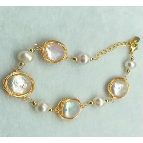 Jewelry Hand woven Lucky 14k Gold injection 100% Natural freshwater Coin Pearl bracelet for women