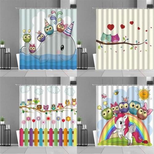 Cartoon Owl Shower Curtains Cute Couple Owls Whale Unicorn Fun Pattern Children Baby Room Decor Waterproof Curtain With Hooks