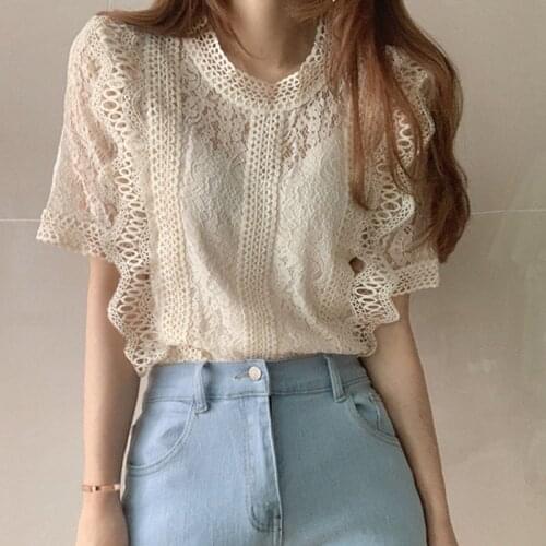 Summer New Women Chic Petal Sleeve Round Neck Lace Floral Hollow Out Slim Blouse Vintage Lace Patchwork Casual Shirts Solid Top